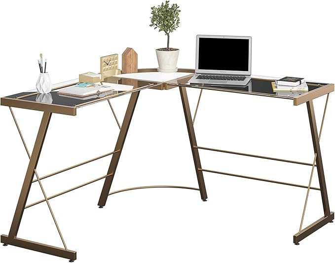 Ameriwood Home Odin Glass L-Shaped Computer Desk, Gold