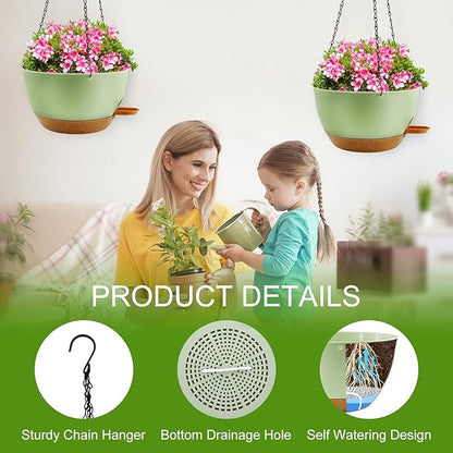 10 inch Hanging Planters for Indoor Plants, 3 Pack Self-Watering Hanging Planter Pots with Chain and Drainage Holes, Outdoor Plastic Hanging Baskets for Garden Home Decor