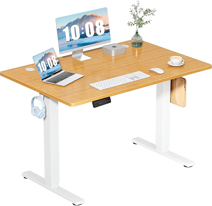DUMOS 48 Inch Electric Standing Desk, Memory Adjustable Home Office Desk | Sit Stand Up Desk for Work Home Office,Adjustable Desk, Rising Computer Table with Splice Board,Cable Management,Hook,Oak