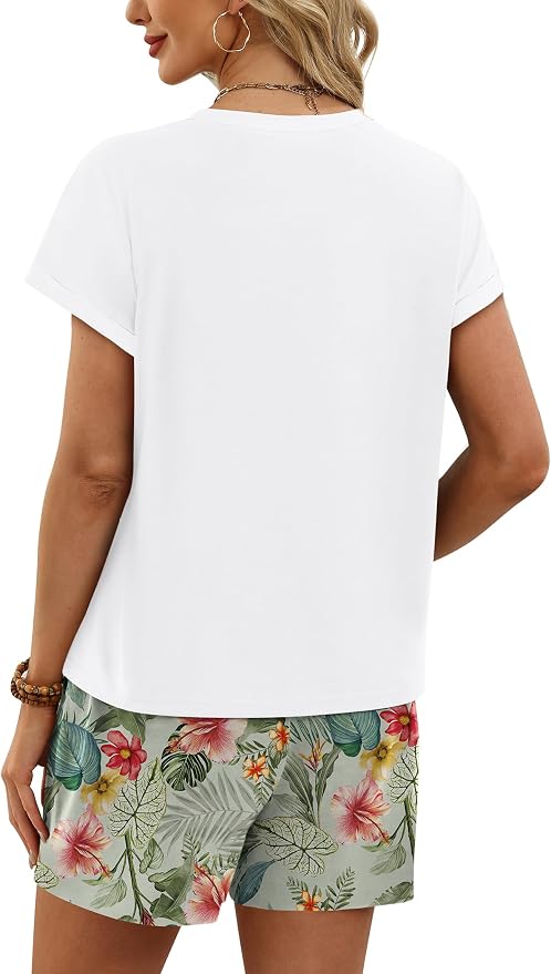 WIHOLL Two Piece Sets for Women Summer Lounge Short Sets Cap Sleeve Crew Neck Sweatsuit with Pocket XS-2XL