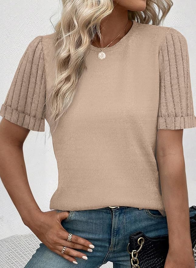 SHEWIN Women's Short Sleeve Summer Tops Crewneck Knit Solid Loose Casual Basic T Shirts Tee Blouses