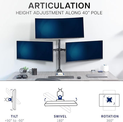 VIVO Premium Triple Ultra Wide LCD LED 27 to 38 inch Monitor Desk Mount, Heavy Duty C-clamp, Extra Tall Pole, Adjustable Telescoping Arms, Flush Wall Setup, Fits 3 Screens, Black, STAND-TS3CT