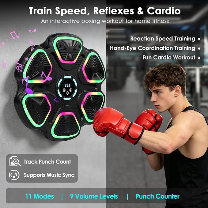 OurStarry Smart Music Boxing Machine for Adults and Kids, Wall Mounted Punching Trainer with Boxing Gloves, LED Electronic Target, 9 Modes and 9 Speeds, Home Gym Workout Equipment