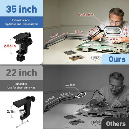 HITTI 12X Square Magnifying Glass with Light and Clamp, Ultra Long LED Desk Lamp with 5 Colors & Stepless Dimming | Hands-Free Workbench Lighted Magnifier Stand for Crafting, Repair,Painting- Red