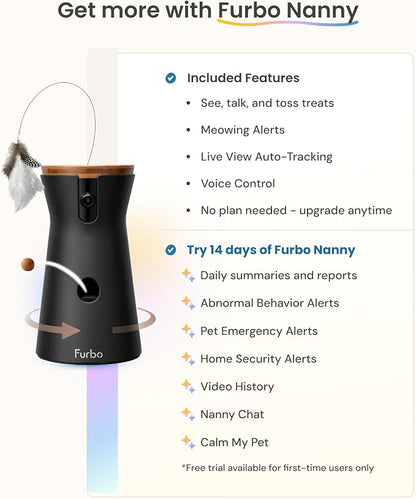 Furbo 360° Cat Camera: Basic See, Talk & Toss Features, No AI Alerts, No Subscription Required, Pet Security Cam w/Meowing Alerts, Rotating View, Treat Toss, 2-Way Audio, Smart Home Kitty Monitoring