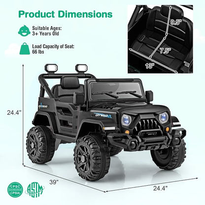 Costzon 12V Kids Ride on Truck Car, Electric Vehicle w/Remote Control, Threaded Wheels, 3 Speeds, LED Lights, Music, Horn & Wireless Connection, Battery Powered Ride on Toy for Boys & Girls 3+ (Black)