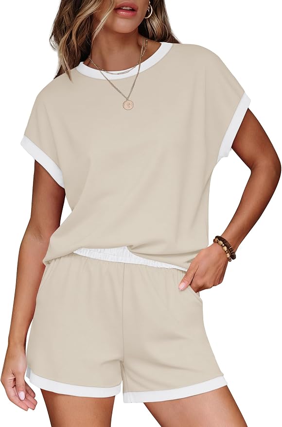 WIHOLL Two Piece Sets for Women Summer Lounge Short Sets Cap Sleeve Crew Neck Sweatsuit with Pocket XS-2XL