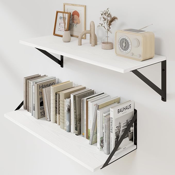 Heimlove White Deep Floating Shelves for Wall, 24W x 8D Wood Wall Shelves Set of 2, Wide Floating Bookshelf for Living Room, Kitchen, Office, Bedroom and Decor Storage, with Black Bracket - White