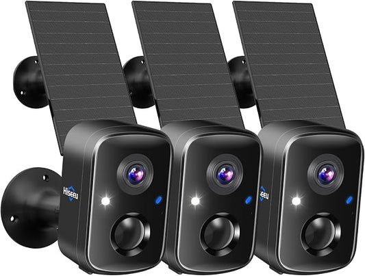 Hiseeu Security Cameras Wireless Outdoor, 3pcs Solar Powered 3K 4MP Surveillance WiFi Cameras for Home Security Outside, PIR/AI Motion Detection, Waterproof, Color Night Vision, 2-Way Audio, Black