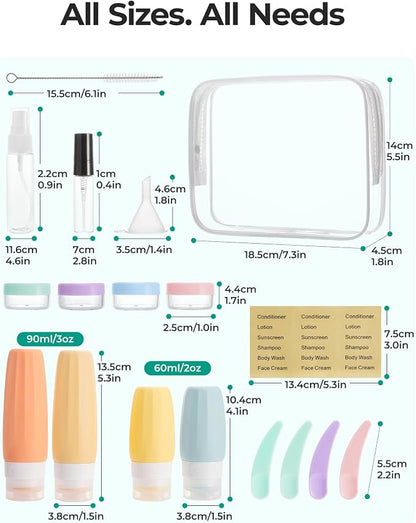 BAGSMART 18 Pack TSA Approved Travel Bottles for Toiletries, Leak Proof Silicone Travel Size Containers Bottles for Shampoo, Soft Pastel