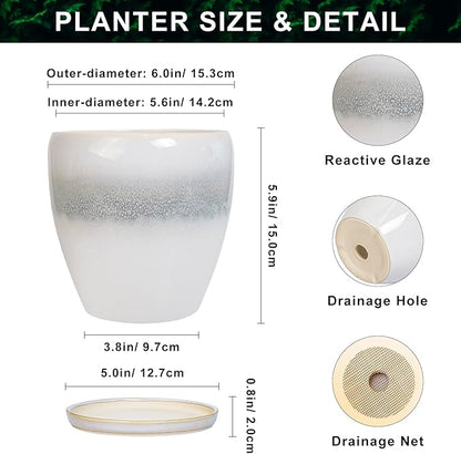 Ceramic Plant Pot - 6 Inch Ceramic Pots for Indoor Outdoor Plants, Decorative Planter with Drainage Hole and Saucer, Modern Plant Pots, Bedroom Room Decor, Plant Lover Gifts, White-Grey