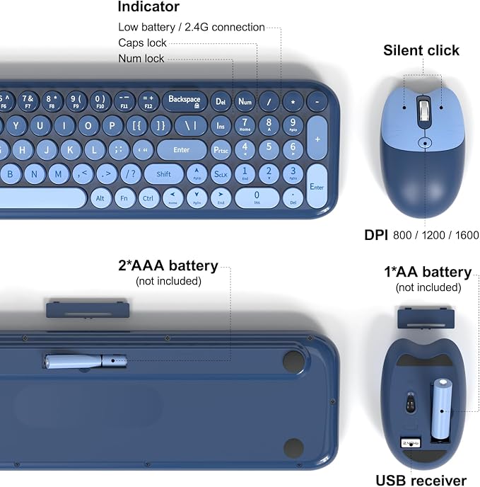 Wireless Keyboard and Mouse Combo, Meidosa 2.4GHz Colorful Full-Size Retro Typewriter Keyboard with Cat Shape 3 Level Adjustable Optical Mouse for PC/Desktop/Laptop/Windows (Azure Blue)