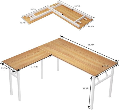 DlandHome Reversible L-Shaped Desk Large Corner Desk Folding Table Computer Desk Home Office Table Computer Workstation, ND11 (Teak + White)