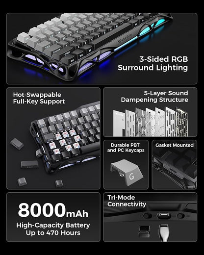 GravaStar Mercury K1 75% Wireless Mechanical Gaming Keyboard RGB Backlit | Gasket Mount, Hot Swappable Linear Switches, Creamy Sound Keyboard, 2.4GHz/USB-C/Bluetooth 5.0, for Win/Mac【Gradient Black】