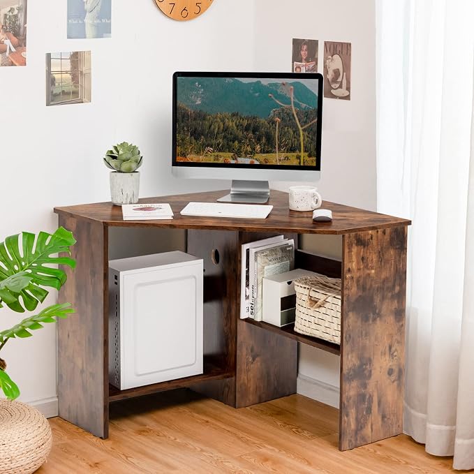 Tangkula Corner Desk, 90 Degrees Triangle Computer Desk for Small Space, Bedroom Makeup Vanity Desk with Storage Shelves & CPU Stand, Space Saving