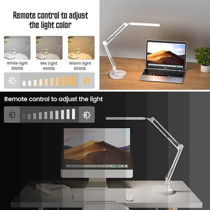 LED Desk Lamp with Clamp and Round Base,Eye Caring Table Lamp with Swing Arm,3 Color Modes 10 Brightness Levels,Memory Function,Desk Light for Home Office with USB Adapter White-14W
