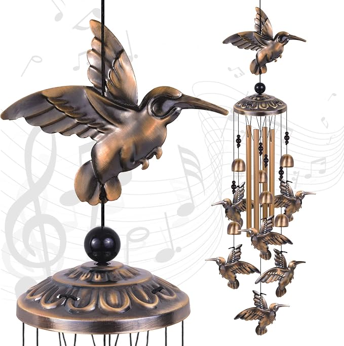 Hummingbird Wind Chimes for Garden, Gifts for Mom, Home, Balconies, Room, Patio, Indoor, Outdoor Hummingbirds Decoration, Hummingbird Wind Catcher, Bronze Memorial Wind Bell, Bird Wind Chimes Decor