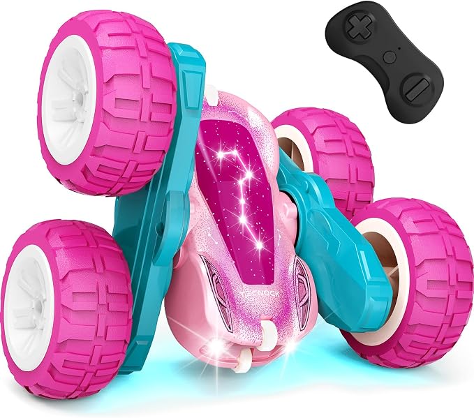 Tecnock Pink Remote Control Car for Girls and Boys, 2.4GHz RC Cars with USB-C Easy Charging, 4WD Double Sided 360° Rotates and Flips RC Stunt Car, Toys Gift for Kids Ages 6-8, 8-12