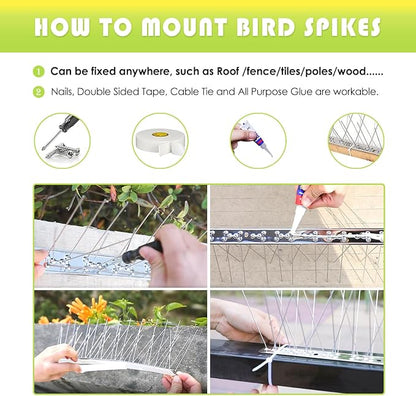 Pigeon Spikes Stainless Steel Bird Spikes for Outside to Keep Birds Away 12 Pack 10ft Coverage Bird Spikes Wire Prevention Spikes for Small Bird Squirrel for Fence Roof Blacony
