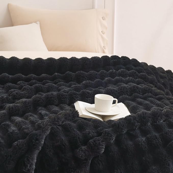 COOVA Faux Fur Throw Blanket for Couch, Cozy Soft and Fuzzy Plush Rabbit Fur Bubble Blanket for Sofa Bedroom Living Room, 50x60 Inches Black