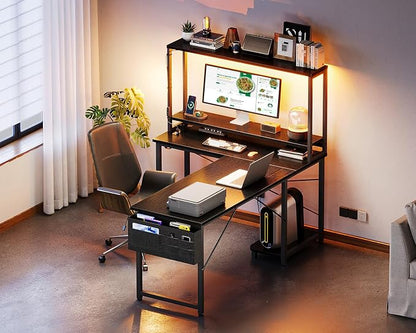ODK 53" L Shaped Gaming Desk with Shelves, LED & Outlets, Black | Hook for headset, bag for gear. Shelves for books & supplies. LED for gaming nights. Reversible. Home office computer desk.