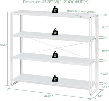 HCHQHS Bookshelf, 4-Tier Industrial Bookcase, White Open Book Shelf, Freestanding Tall Bookshelves with Metal Frame