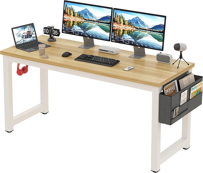 Computer Desk - 63 Inch Large Home Office Desk Wood Study Writing Table Workstation Storage Bag Headphone Hooks Simple Gaming Desk Rustic White/Walnut
