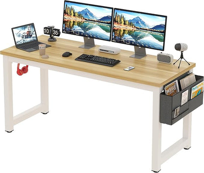 Computer Desk - 63 Inch Large Home Office Desk Wood Study Writing Table Workstation Storage Bag Headphone Hooks Simple Gaming Desk Rustic White/Walnut