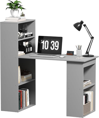 HOMCOM Modern Home Office Desk with 6-Tier Storage Shelves, 47", Gray | Writing Desk, Bookshelf