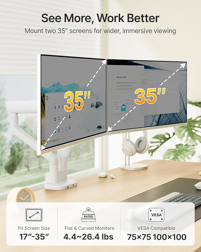 monTEK Dual Monitor Arm with USB, Mechanical Spring Desk Mount for 17 to 35 Inch Screens, Smooth Precision Bearings, Holds up to 26.4 lbs Per Arm, C-Clamp/Grommet Base, Perfect for Office Workspaces