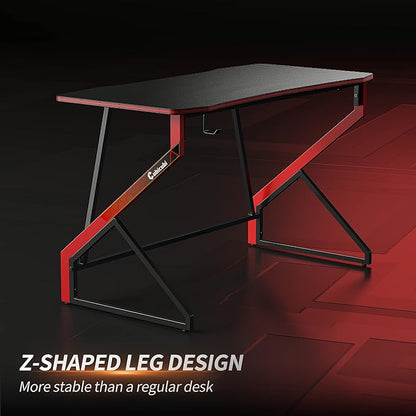 CubiCubi Simple Gaming Desk Z Shaped 55 inch Gamer Workstation, Home Computer Carbon Fiber Surface Gaming Desk PC Table with Headphone Hook