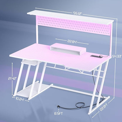 55'' White Gaming Desk with Hutch and LED Lights, Gaming Computer Desk with Storage Shelves & Z-Shaped Legs, Reversible PC Gaming Desk with Pegboard, Ergonomic Desk for Bedroom, Carbon Fiber Surface