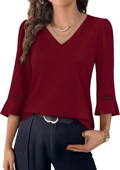 WIHOLL Womens Blouses Dressy Casual 3/4 Length Sleeve Tops Lace Trendy 2026 Spring Summer V Neck Shirts Vacation Outfits