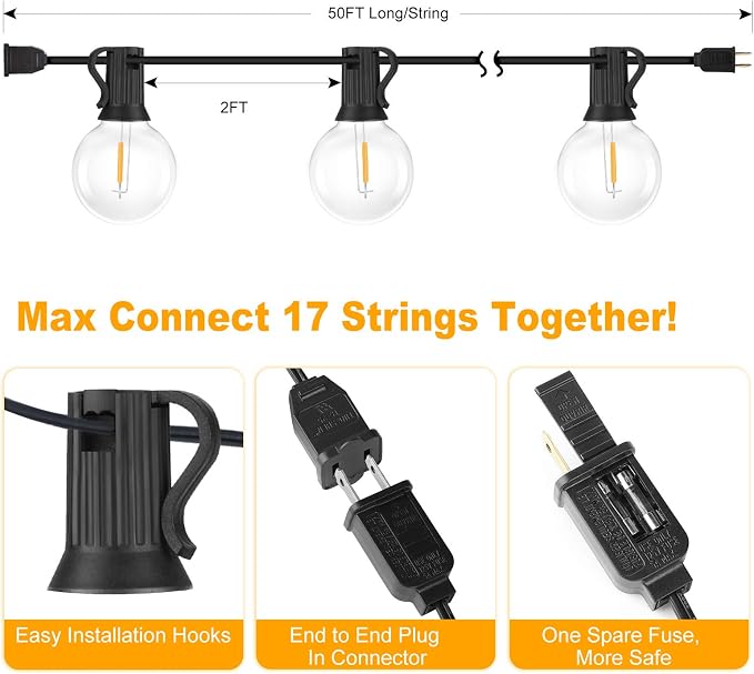 100ft 2-Pack Outdoor G40 LED Globe String Lights Dimmable Waterproof Shatterproof Light Strings with 52 Bulbs Connectable Commercial Hanging Lights for Christmas Patio House Backyard Balcony Party