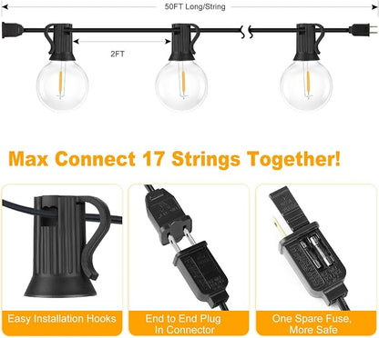 100ft 2-Pack Outdoor G40 LED Globe String Lights Dimmable Waterproof Shatterproof Light Strings with 52 Bulbs Connectable Commercial Hanging Lights for Christmas Patio House Backyard Balcony Party