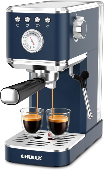 CHULUX Slim Espresso Machine with Milk Frother for Home Latte, Dark Blue | Precise Pressure Gauge, Food-Grade Materials, 20 Bar Italian Pump, Professional Temperature Control System, Stainless Steel