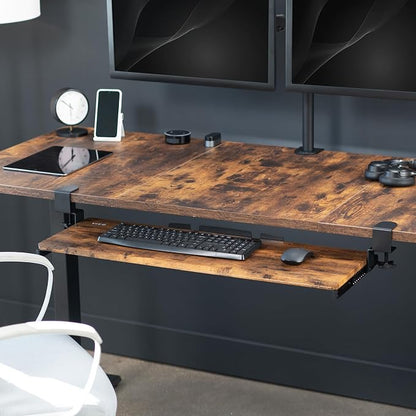 VIVO Vintage Brown Large 34 x 11 in Under Desk Keyboard Tray, MOUNT-KB15EN | Keyboard Tray for Typing, Slide Out Platform, Rustic, Extra Sturdy C-Clamp Mount System, Computer Drawer, Black Frame