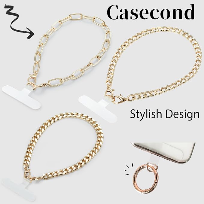 3 pcs Phone Charm with Gold Metal Chain Detachable Lanyard Hand Wrist Smartphone Strap Finger Grip Strap with 4 Patches Tether CellPhone Stand Holder Universal for iPhone 17 16 Pro Max Charms