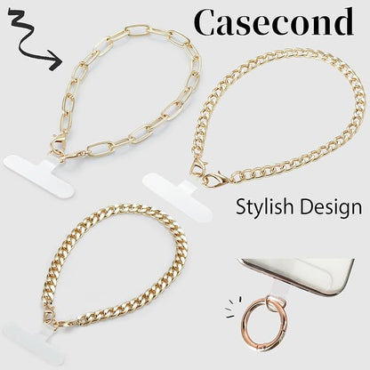 3 pcs Phone Charm with Gold Metal Chain Detachable Lanyard Hand Wrist Smartphone Strap Finger Grip Strap with 4 Patches Tether CellPhone Stand Holder Universal for iPhone 17 16 Pro Max Charms