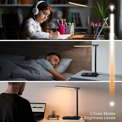 Desk Lamp with Wireless Charger, USB Charging Port, Dimmable Office Desk Light with Clock, Alarm, Date, Temperature, Foldable Lamp for Table Bedroom Bedside Office (Black Pro)