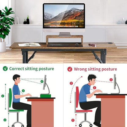 TEMI Computer Desk with Power Outlet and Monitor Shelf Included 43.3" Length Folding Table, Office Desk for Home, No Assembly Desk with Stable Black Frame, Rustic Brown