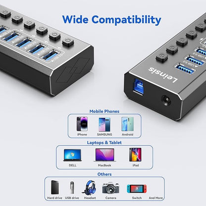 Powered USB Hub 3.0, Leinsis 7-Port USB 3.0 Hub [Durable Aluminum] 7 Data Transfer Ports+ 4 Smart Charging Ports with Individual On/Off Switches, USB Hub 3.0 Powered with Power Adapter for Laptop PC