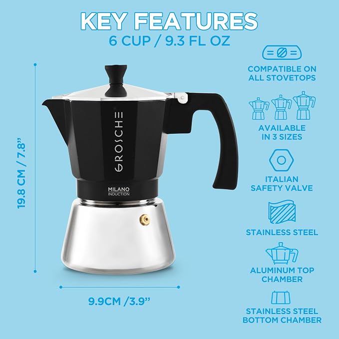 GROSCHE Milano Induction Stovetop Espresso Maker Moka Pot 6 Cup (Black) | Induction Moka Pot For Gas, Electric And Induction Cooktops With Aluminum Upper Chamber, Stainless Steel Base, And Burn Guard