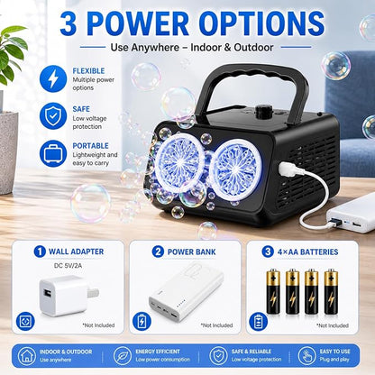 Bubble Machine with Dual Fans,20000+ Bubbles Per Minute | USB-C or AA Battery Operated,Leak-Proof Sealed Bottle,Portable Bubble Maker for Birthday Party Pool Wedding Outdoor