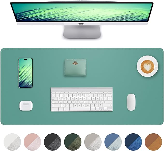 Leather Desk Pad Protector, Mouse Pad, Office Mat, Non-Slip PU Leather Blotter, Laptop Desk Pad, Waterproof Writing Pad for Office and Home (Light Green, 31.5" x 15.7")