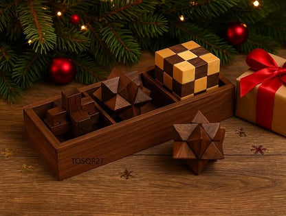 TOSQP27 Gift Wooden Brain Teaser Puzzle Set for Adults & Teens – 3-in-1 Interlocking Burr, Snake Cube & Star Puzzle with Handmade Wooden Storage Box – Mind Challenge Logic Game
