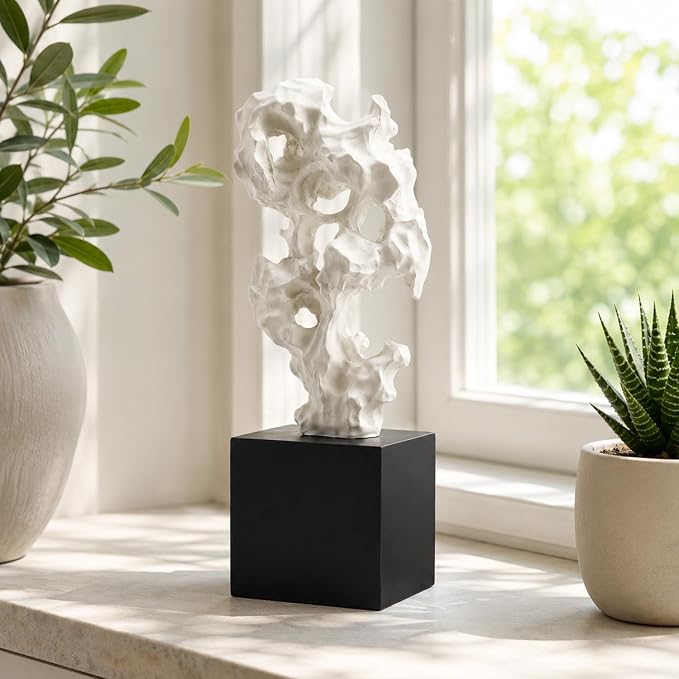 11.8" Modern Abstract Sculpture | Stone Home Decor, Resin White and Black Art Statues for Living Room, Coffee Table Centerpiece, TV Stand Shelf Bookshelf Decor