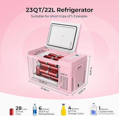 BougeRV Pink 23Quart Portable Refrigerator, 12 Volt Fridge 22L, Portable Freezer Compressor Cooler 12/24V DC 110~240 Volt AC for Truck Van RV Camper -8℉~50℉