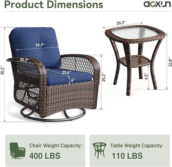 Aoxun 3 Pieces Patio Furniture Set, Patio Swivel Rocker Chairs Set of 2, Wicker Outdoor Bistro Set with Rocking Chair, Thickened Cushions and Table for Porch (Blue)