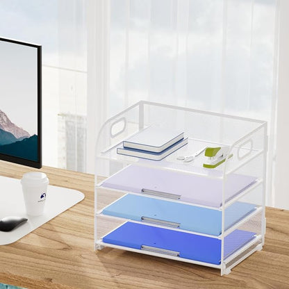Marbrasse 2 Pack 4 Tier Paper Organizer Letter Tray - Mesh Desk File Organizer with Handle, Paper Sorter Organizer for Letter/A4 Office File Folder Holder (White, 12.6" x 9.1" x 10.7")